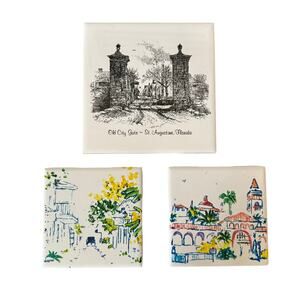 Set of ceramic tile coasters illustrations of St. Augustine Florida landmarks 3